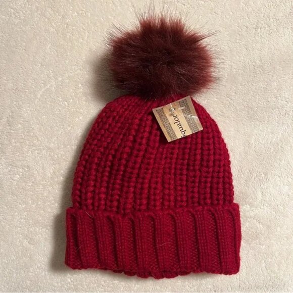 NWT Red Knit Beanie with Pom Pom Cozy Winter Hat Knit Hat Knit Toque Warm - Picture 3 of 3